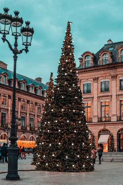 Grand sapin décoré sur une place de Paris